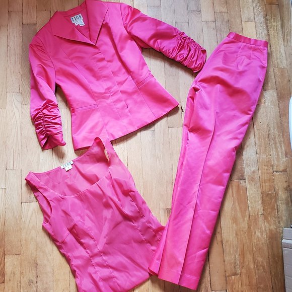 Vintage Jackets & Blazers - Vintage ZION New York Solid Bubblegum Pink Blazer Blouse Pants Suit Set